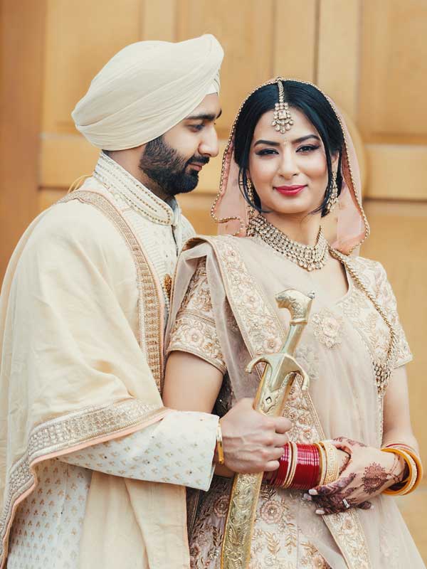 Sikh wedding shoot Leamington Gurdwara A Sikh couple walks hand in hand in front of the Leamington Sikh Temple for the photoshoot.