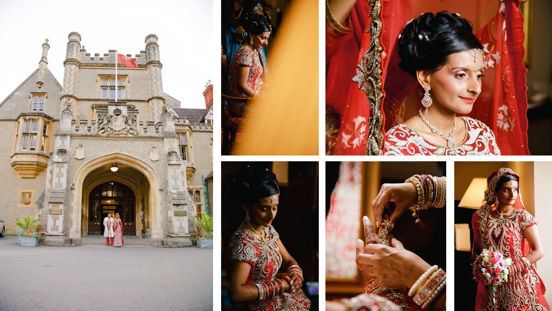 A bride in a red lehenga holding a palla and a groom in a white sherwani during the Lavan Ceremony at Nanaksar Gurdwara Walsall.