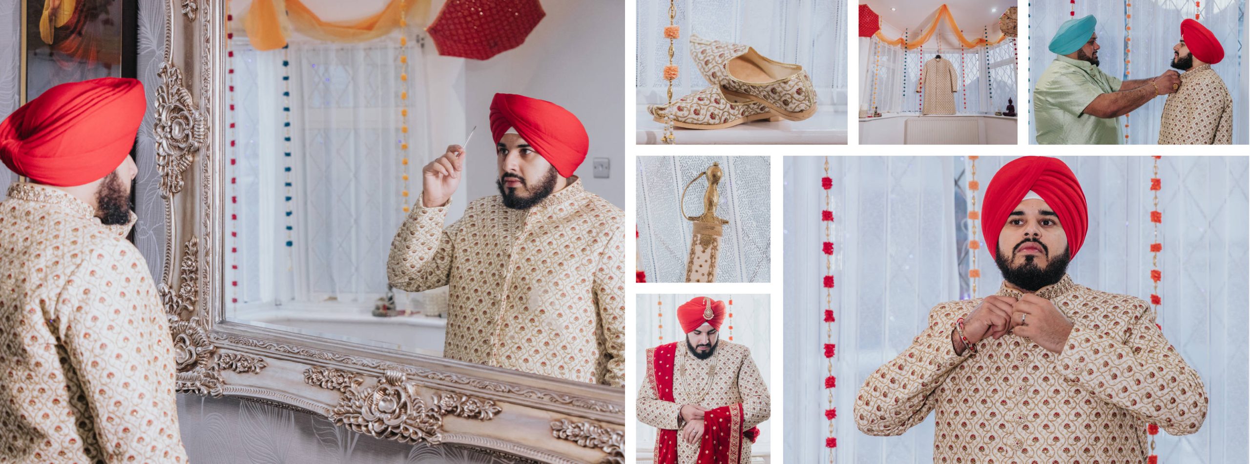 Sikh wedding preparation photography Birmingham A bride in a red lehenga holding a palla and a groom in a white sherwani during the Lavan Ceremony at Nanaksar Gurdwara Walsall.